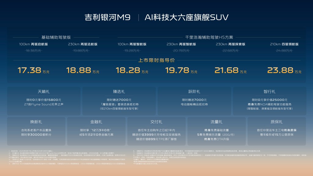 续航超 1500km+终身 NOA！吉利银河M9 17.38 万起上市