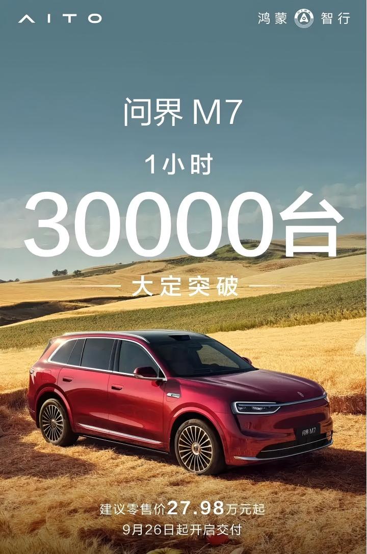 1小时大定超3万台 全新问界M7将于9月26日交付