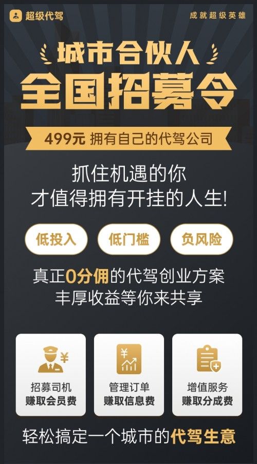 超级代驾发起城市合伙人全国招募令 499元拥有自己的代驾公司